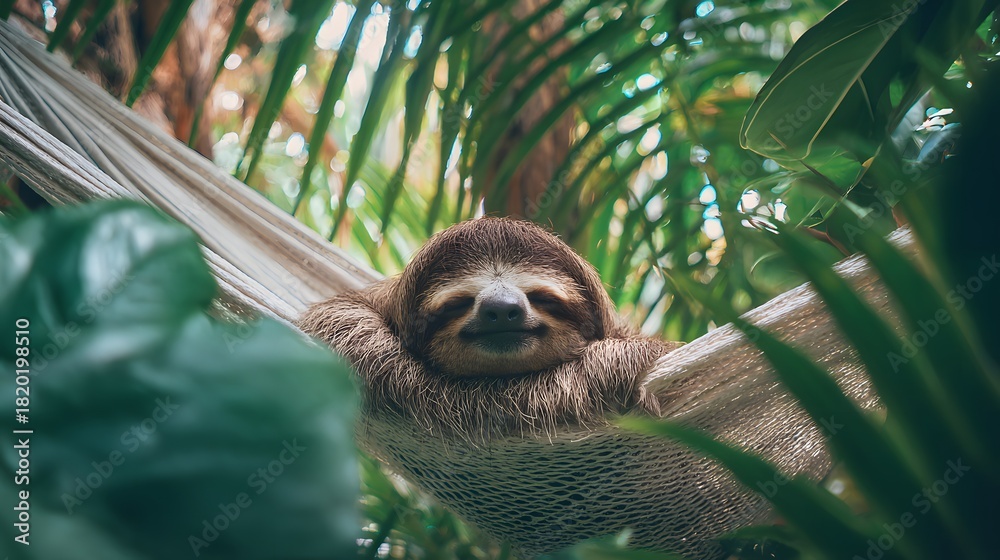 Fototapeta premium Contented mammal resting comfortably in a woven suspended bed amidst lush green foliage