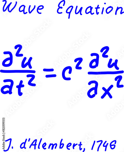 Handwritten blue illustration of the classic wave equation by d’Alembert, showing partial derivatives of motion in space and time. Great for physics education and academic designs.
