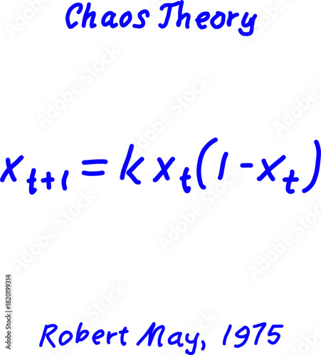 Blue handwritten chaos theory formula featuring the logistic map by Robert May. Ideal for science education, mathematics posters, nonlinear systems, and academic visuals.
