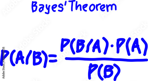 Handwritten blue illustration of Bayes’ Theorem formula, showing conditional probability calculation. Perfect for statistics education, data science, and academic materials.
