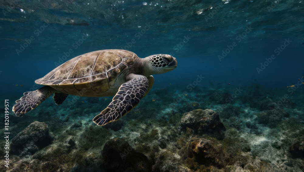 Fototapeta premium Sea turtle glides through underwater coral reef