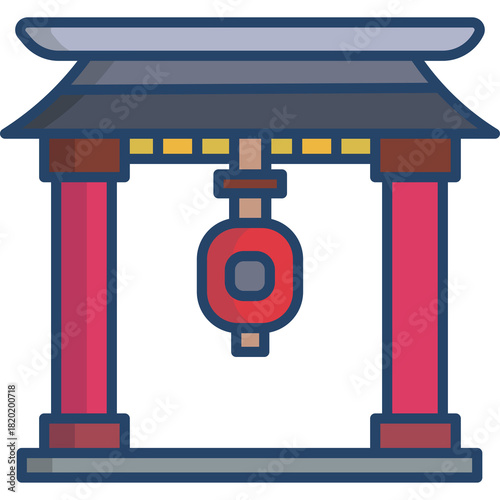 Traditional Japanese Torii Gate with Red Lantern Hanging at Center Detailed Illustration on Transparent Background