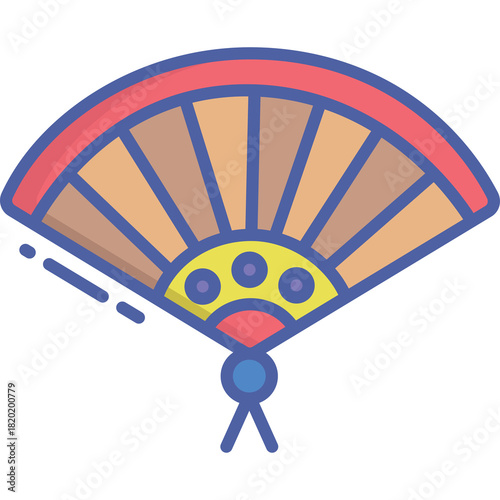 Traditional Korean Folding Fan With Red Blue Yellow Accents And Blue Tassel On Transparent Background Detailed Icon Illustration