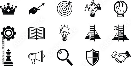 Black and white icons for business strategy and success crown