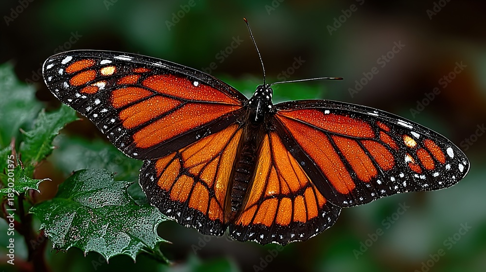 Fototapeta premium Monarch butterfly rests on a green plant with wings spread open.