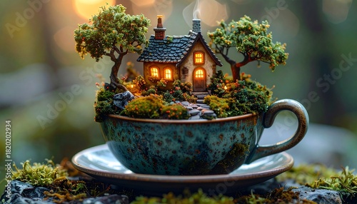 Miniature cottage nestled in a teacup amidst lush greenery, a whimsical scene
