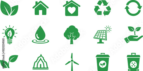 Green Eco Icons Set For Nature And Environment Protection leaf leaves