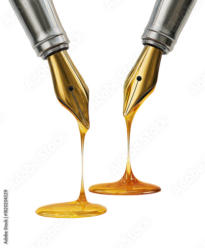 Two golden ink pen nibs dripping a golden liquid