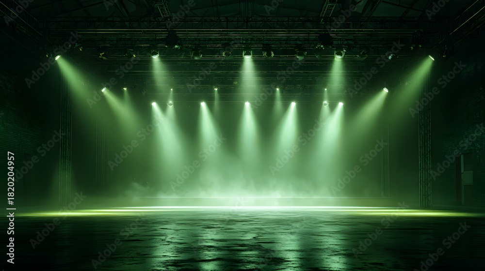 Fototapeta premium Intense green stage lighting illuminates an empty performance space with atmospheric fog effects