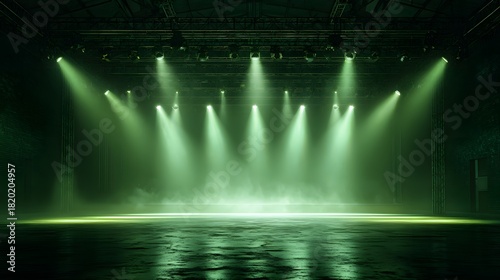 Intense green stage lighting illuminates an empty performance space with atmospheric fog effects