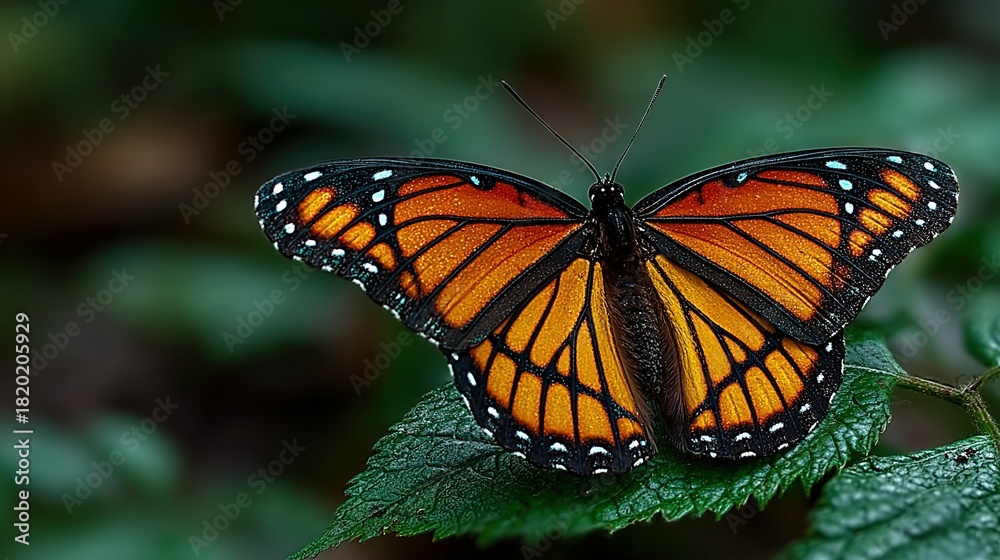 Fototapeta premium Butterfly with orange and black wings resting on a green leaf outdoors.