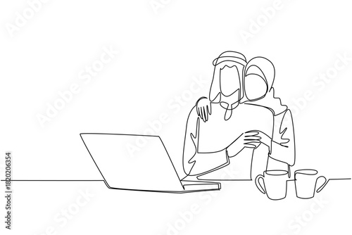 Continuous line drawing of a Muslim couple working together at a laptop, expressing unity, cooperation, and love for National Loving Day, emphasizing companionship and mutual support in a modern life