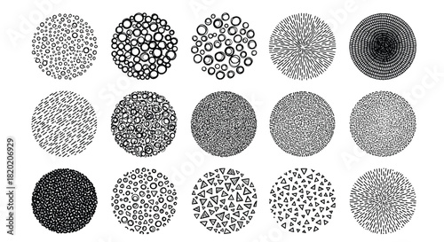 A collection of fifteen diverse circular patterns created with fine dot and line art textures.