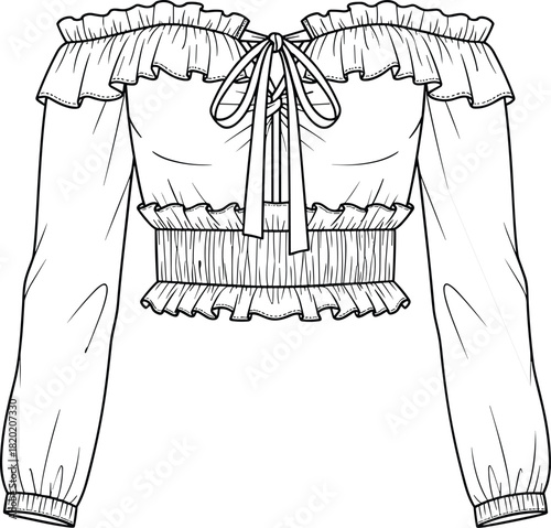 Fashion illustration, women's crop top, off shoulder blouse, lace-up front, ruffled hem, puff sleeve, trendy sketch, garment design