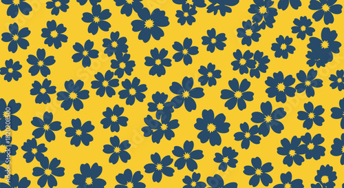 Seamless floral pattern featuring simple, scattered dark blue five-petal flowers on a bright, contrasting yellow background for a bold and cheerful design.