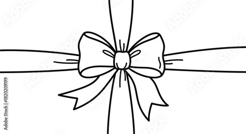 Simple black and white line art illustration of a classic gift bow tied on intersecting ribbons, perfect for coloring pages or decorative designs.
