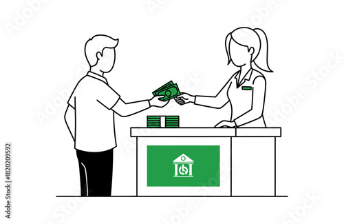 A man makes a cash transaction, handing a stack of bills to a female bank teller over the counter.