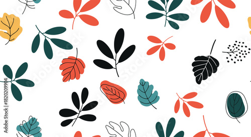 Modern and playful seamless pattern of colorful, abstract hand-drawn leaves and botanicals in a scattered arrangement on a clean white background.