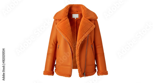 Stylish orange suede jacket with fur lining on black background