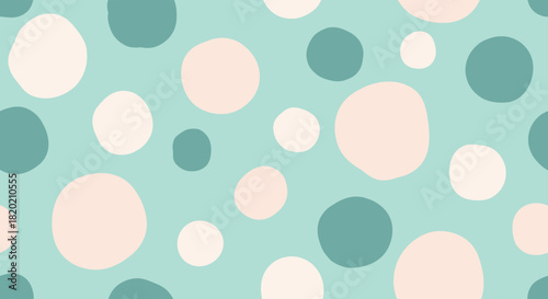 A playful and calming background pattern featuring a random arrangement of soft pastel and teal colored circles of various sizes creating a cheerful and whimsical visual aesthetic.