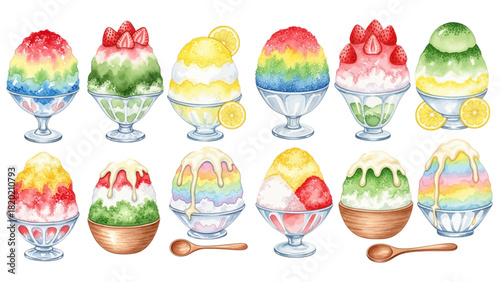 A watercolor illustration set of various colorful Japanese kakigori shaved ice desserts with fruit and syrup toppings.