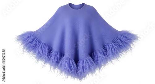 Elegant lavender poncho with feather trim on a black background