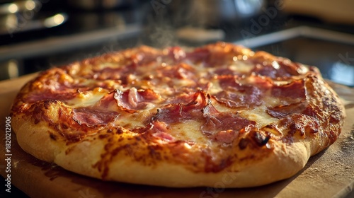 Wallpaper Mural Freshly baked pizza with melted cheese and golden crust served hot on rustic wooden table, featuring fresh ingredients, aromatic herbs, and warm homemade food ambiance Torontodigital.ca