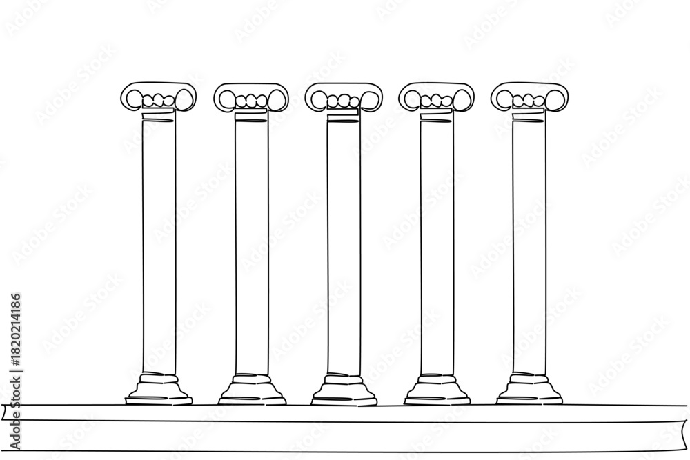Fototapeta premium Continuous line draw of five pillars symbolizing democratic foundations, an international event for Democracy Day, highlighting rights, justice, plurality, and civic participation across communities
