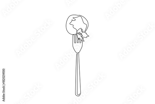 Single line drawing of a falafel bite on a fork with herbs, an international event concept for International Falafel Day, ideal for posts and stickers about plant-based snacks and tasty joy.
