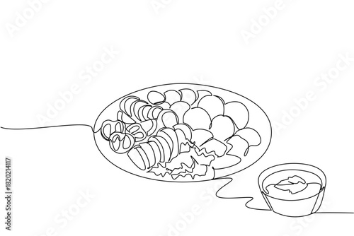 Continuous line drawing of falafel balls with leaves dipping cup on a plate, an international event concept for International Falafel Day, focusing on chickpeas, tahini, street feast vibes