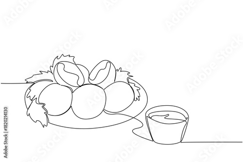 Continuous line drawing of a falafel platter with pita, herbs, tahini dip, an international event concept themed for International Falafel Day, celebrating street food culture vegan cuisine.​