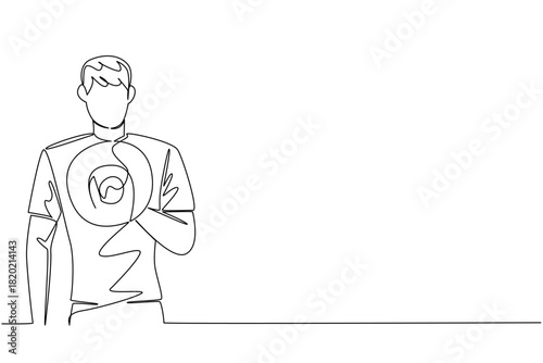Single line drawing of a man with a vote badge over his chest, an international event concept for the International Day of Democracy, encouraging voter education, turnout, and accountability.​