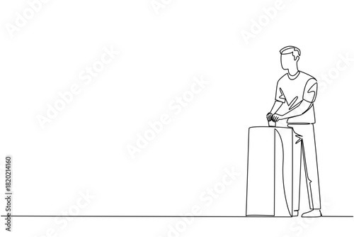Continuous line drawing of a man placing a ballot into a box, an international event concept for the Democracy Day, encouraging turnout, accountability, transparency, electoral participation