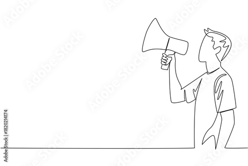 Continuous line drawing of a young man with a megaphone announcing civic participation, an international event concept themed for the International Day of Democracy and awareness campaigns