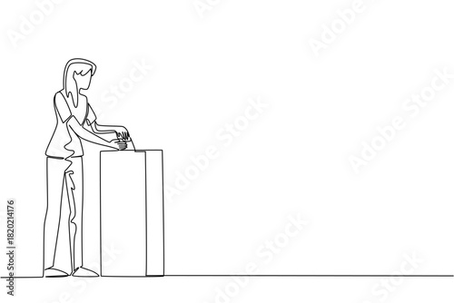 Single line drawing of a woman casting a ballot at a box, an international event concept for the Democracy Day, promoting voter rights, fair elections, inclusion, political representation.​