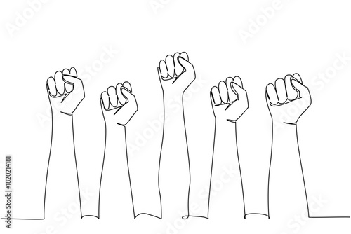 One line drawing of raised hands forming clenched fists, an international event concept for the Democracy Day, symbolizing civic voice, solidarity, freedom, participation in society.​