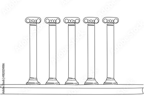 Continuous line draw of five pillars symbolizing democratic foundations, an international event for Democracy Day, highlighting rights, justice, plurality, and civic participation across communities