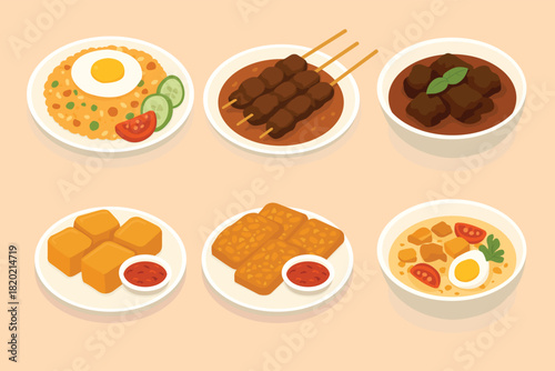 Indonesian traditional food set with nasi goreng, satay, rendang, tofu, tempeh, and soto flat vector illustration