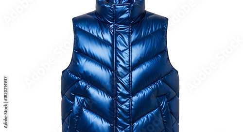 Stylish blue puffer vest with hood isolated on black background