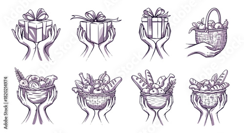 Hands holding gifts and baskets with food