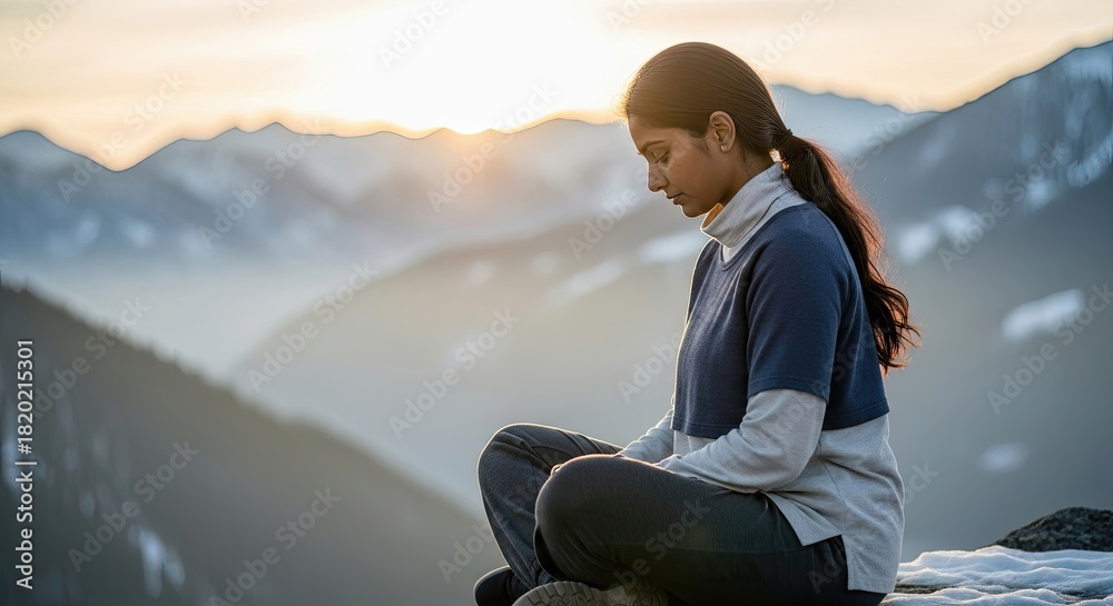 Fototapeta premium Woman meditates in snowy mountains at sunrise for winter solstice, finding peace