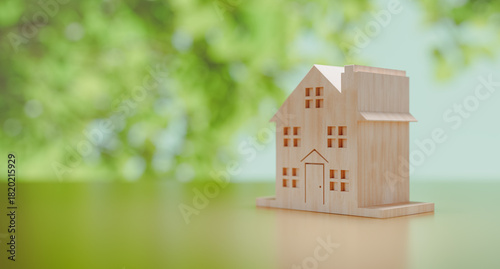 Fototapeta Naklejka Na Ścianę i Meble -  House built with wooden blocks symbolizing real estate investment, economic security, family savings, and financial growth. 3D illustration.