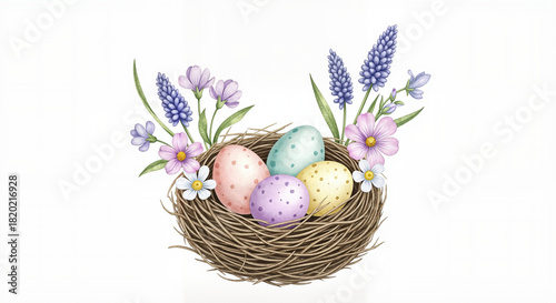Nest with pastel eggs and wildflowers, soft spring watercolor illustration, delicate seasonal composition