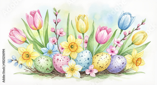 Flowers and eggs in spring colors, soft and delicate, watercolor illustration