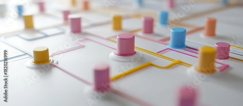 Abstract network of colorful cylinders connected by lines on white surface.
