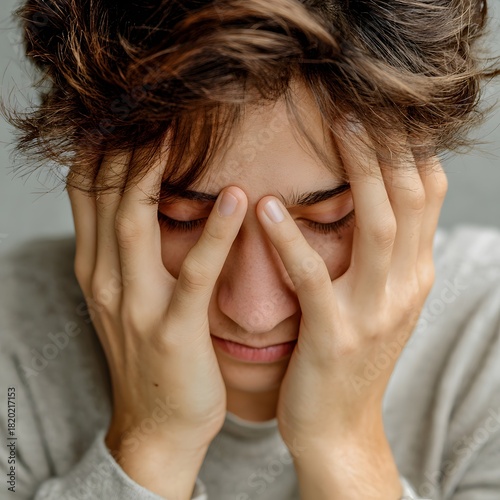 Stressed young man holding head in hands, mental fatigue and burnout concept, close up portrait indoors