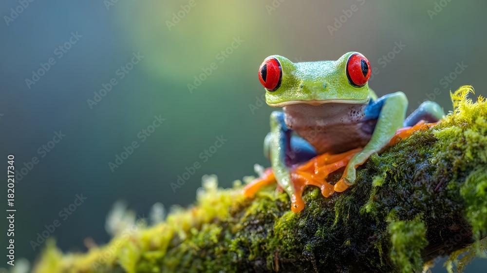 Naklejka premium Vibrant tree frog with striking red eyes rests upon moss covered vegetation in a humid environment