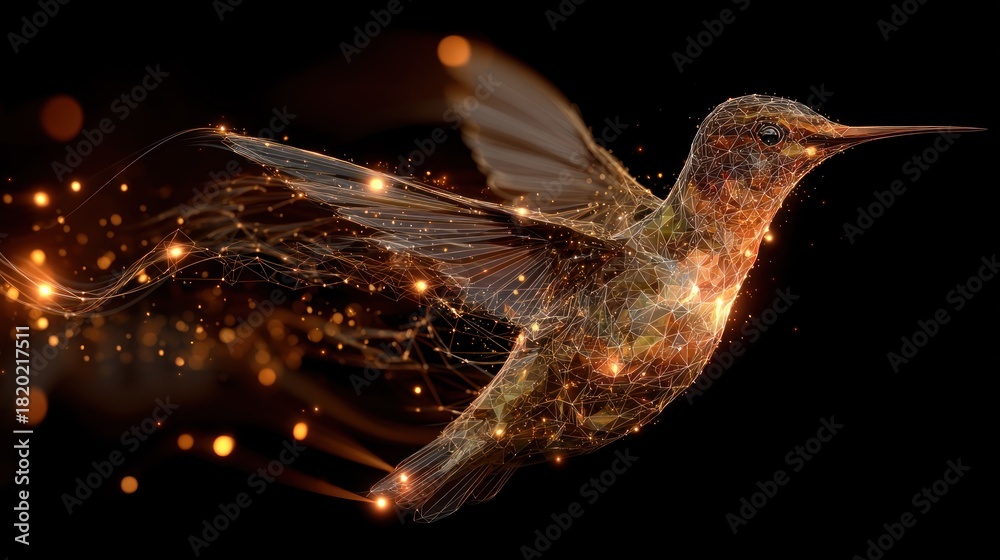 Obraz premium A golden hummingbird with glowing wings and iridescent body, flying against a black background with a few scattered lights, creating a surreal and ethereal effect.
