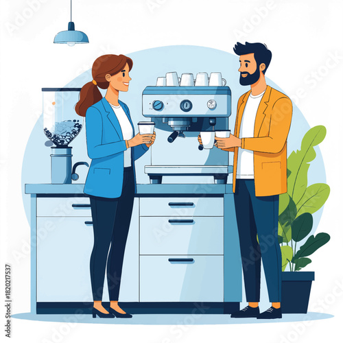 Illustration of a woman and man in a kitchen with a coffee machine and plant, interacting with each other in a modern setting.
