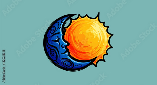 Artistic depiction of sun and moon celestial bodies in harmony.